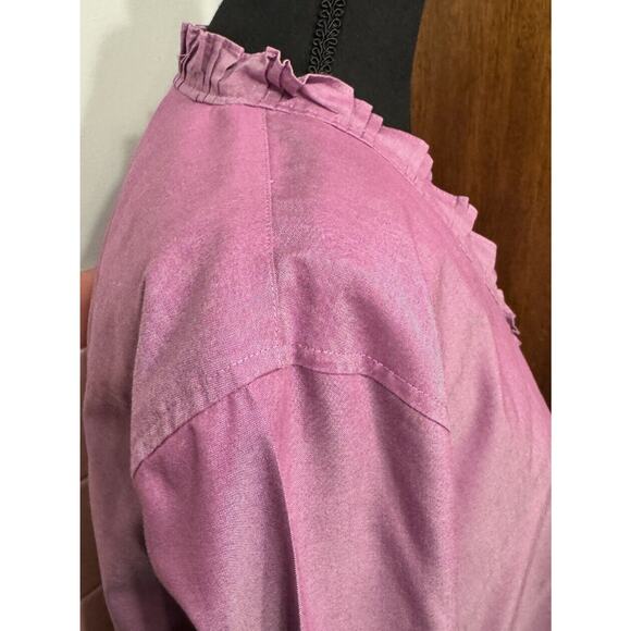 Orvis Blouse 18 Womens Button Up Shirt Ruffle Neck Iridescent Pink Purple Office - Picture 5 of 8